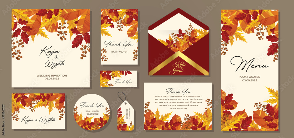 Wedding Invitation, menu card. Leaves design autumn foliage collection oak, maple, chestnut and ash. Vector elegant cute rustic greeting, invite postcard.