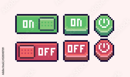 Switch on and off button pixel art set. Shutdown slider collection. Red and green interface switchers. 8 bit sprite. Game development, mobile app.  Isolated vector illustration.