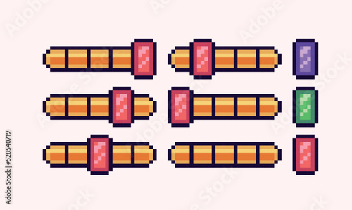 Game settings slider bar pixel art set. Switch panel and button collection. 8 bit sprite. Game development, mobile app.  Isolated vector illustration.