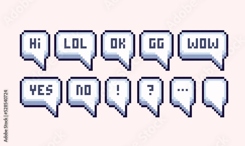 Social reaction pixel art set. Greetings, communication phrases collection. Feedback bubbles. 8 bit sprite. Game development, mobile app.  Isolated vector illustration.
