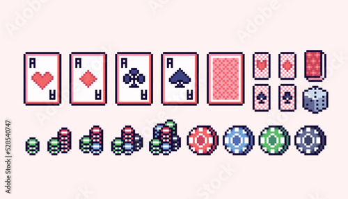 Cards, chips and dice pixel art set. Poker game. Casino, gambling elements collection.  8 bit sprite. Game development, mobile app.  Isolated vector illustration.
