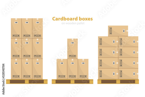 Cardboard boxes on wooden pallets. Carton parcel for storage and cargo with pictograms, barcode and and text stickers. Box isolated on white background.