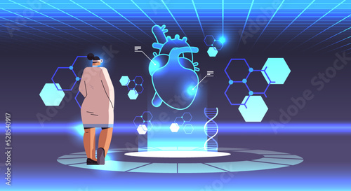 doctor in digital glasses looking at virtual detailed explanation anatomical heart internal organ vr vision metaverse