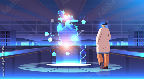 doctor in digital glasses looking at virtual detailed explanation anatomical heart internal organ vr vision metaverse
