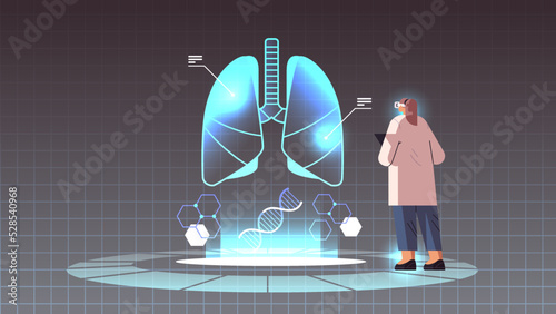 doctor in digital glasses looking at virtual detailed explanation anatomical lungs internal organ vr vision metaverse