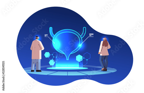 doctors in digital glasses looking at virtual detailed explanation anatomical urinary bladder internal organ vr vision metaverse