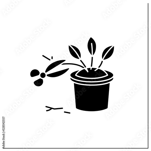 Cleaning glyph icon. Pinch back plants. Trimming leaflets.Home gardening. Houseplant care concept. Filled flat sign. Isolated silhouette vector illustration