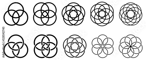 Simple overlapping circles vector drawing, version with three to seven objects, also interlocked rounds style photo