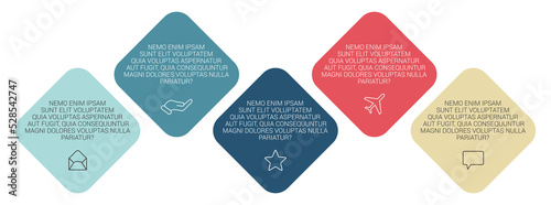 Five rotated squares on the bias arranged next to each other, can be used as infographics element illustrating steps in process