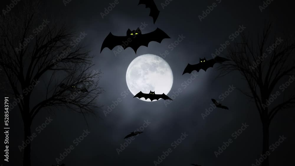 Animated view of bats flying against moon and bare trees. Graphic design of spooky scene. Concept is of frightening Halloween. High quality FullHD footage