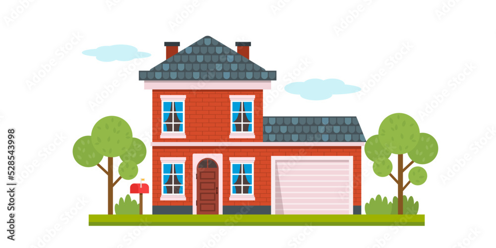 Home Sweet Home. Flat vector illustration of a two-story house with a garage, landscape, green lawn.