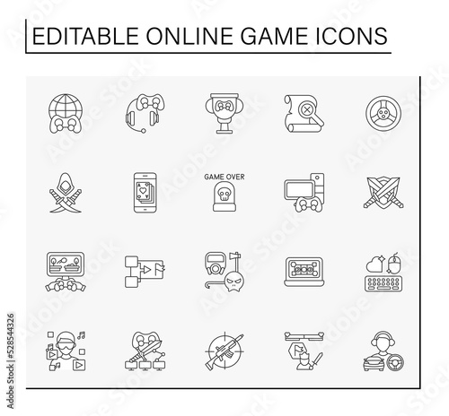 Online game line icons set. Different game types. Modern technology concepts. Isolated vector illustrations.Editable stroke