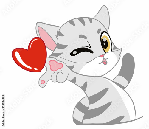 The lovely and seductive American Shorthair Cat sent red heart into the air acts like and good emotions. Doodle with a cartoon.