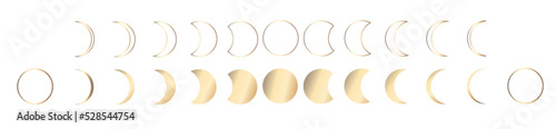 Moon phase. Lunar cycle gold icons set. Stages of the full moon, the crescent of the planet. Moon calendar. Vector illustration
