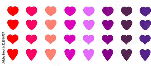 Heart icons of different shapes. Feeling of love. Set of colorful, romantic, cute, colorful hearts for design and decoration. Vector isolated image.