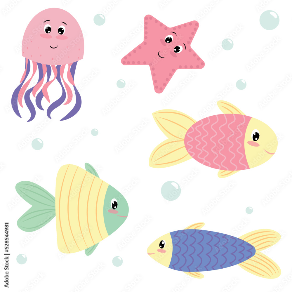 multicolored sea fish, starfish and octopus, set of children vector elements, cartoon flat style