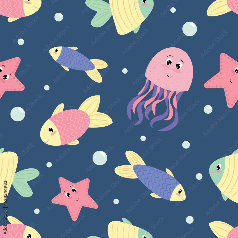 cute colored fish, starfish and octopus swim in the water, sea, childish vector seamless pattern on blue sea background, cartoon, flat style cute colored fish, starfish and octopus swim in the water, sea, childish vector seamless pattern on blue sea background, cartoon, flat style