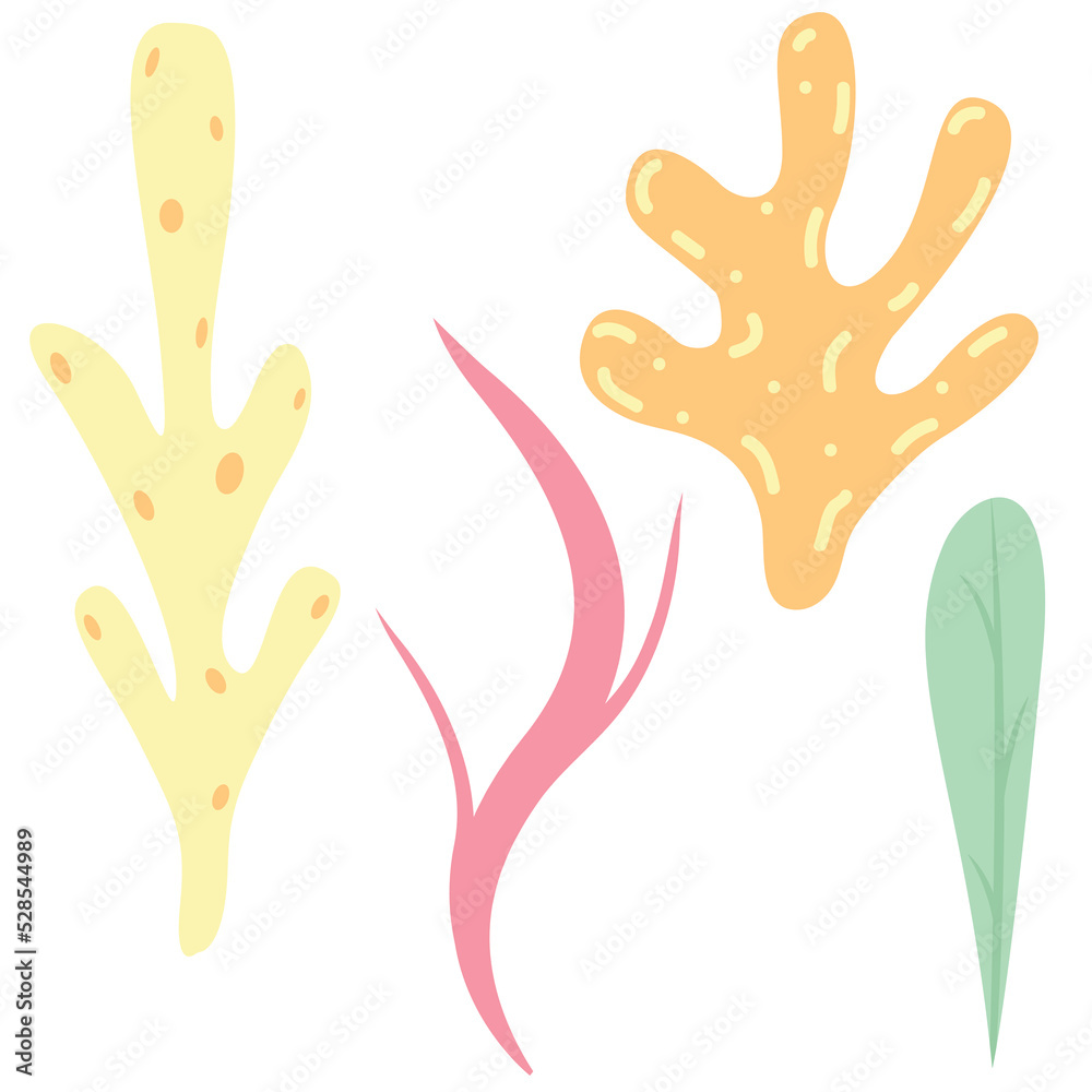 Fototapeta premium multi-colored seaweeds and corals of different shapes, a set of children vector elements, cartoon flat style