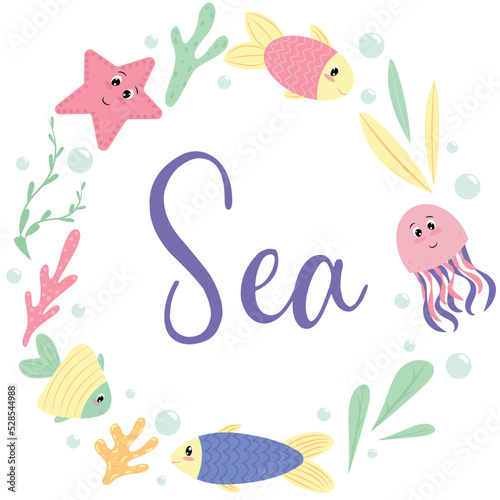 cute colored fishes  starfish and octopus  round frame  sea  baby vector round frame  cartoon  flat style