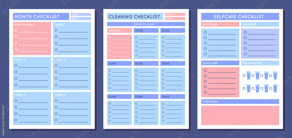 Cartoon Color Checklist Planners Schedule Template Layout Concept Set ...