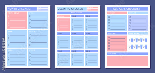 Cartoon Color Checklist Planners Schedule Template Layout Concept Set. Vector illustration of Cleaning and Self Care List