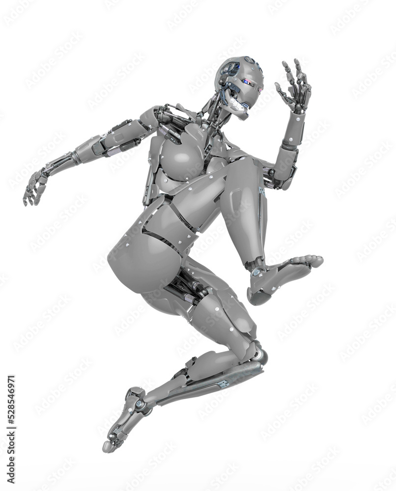 cyborg girl is jumping in action on white background