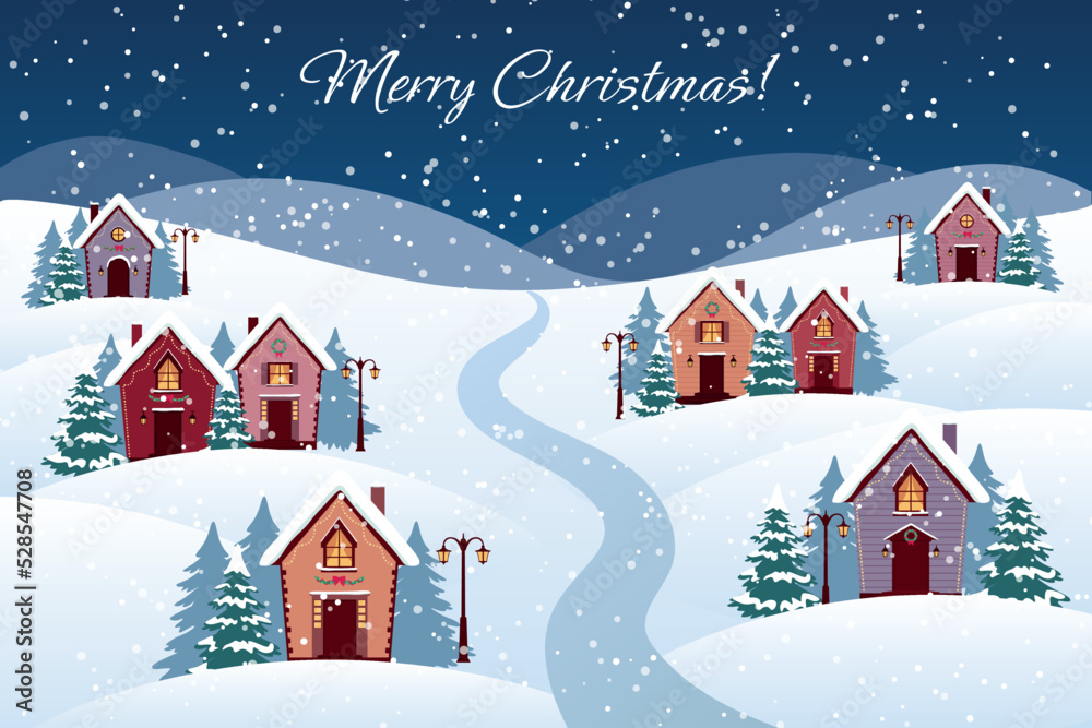 Merry Christmas card. Christmas town. Houses with decorations. Vector illustration