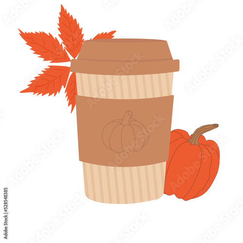 Vector flat illustration of a glass of pumpkin spice latte. A paper cup for coffee will suit modern