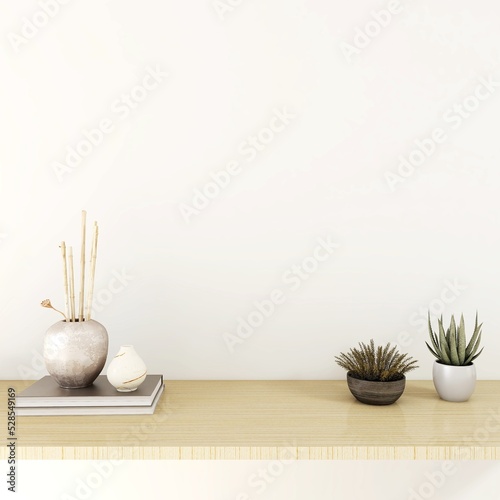 Wall mockup with ornamental plants, decorations and books. 3d rendering, interior design, 3d illustration