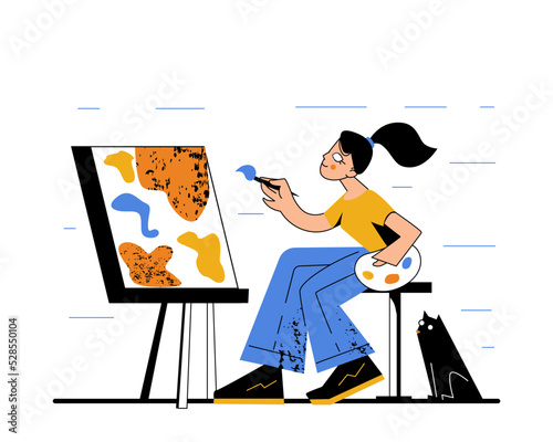 Female artist painting picture on canvas. Painter with paint palette and brush drawing. Creative woman creates artwork. Creation process. Flat vector illustration isolated on white background