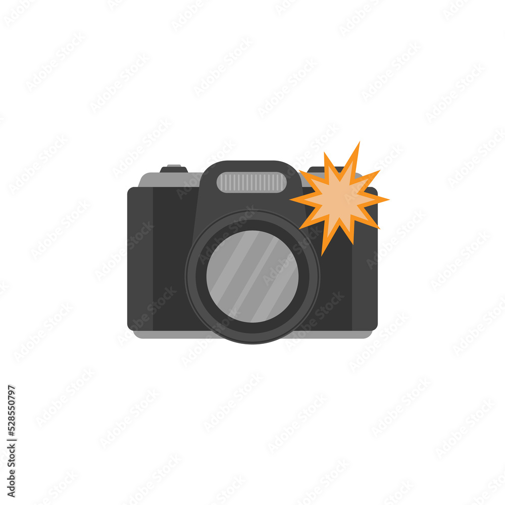 Camera with flash light vector isolated icon. Photo camera emoji illustration. Camera vector isolated emoticon