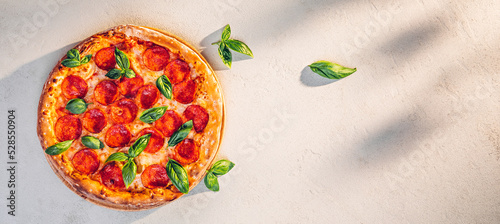 Pepperoni pizza with basil on stone texture in sunlight