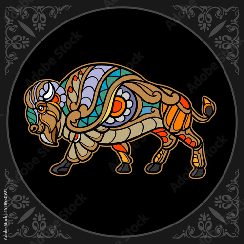 Colorful bison zentangle arts isolated on black background