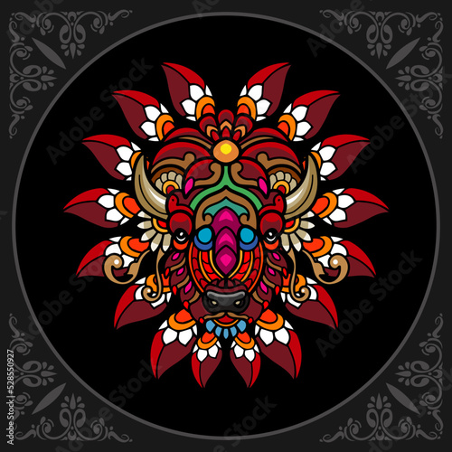 Colorful bison zentangle arts isolated on black background