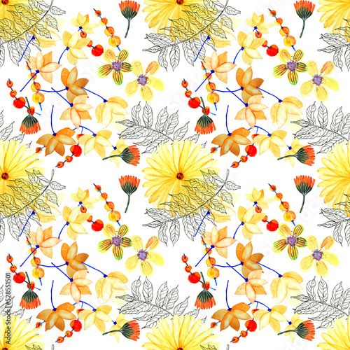 Pattern con bouquet di fiori arancio e gialli isolati su sfondo bianco photo