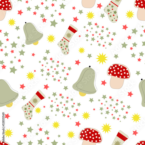 bells, mushrooms and socks christmas seamless pattern
