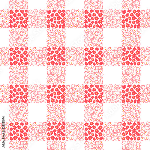 Vector seamless pattern with flowers. Checkered picnic tablecloth