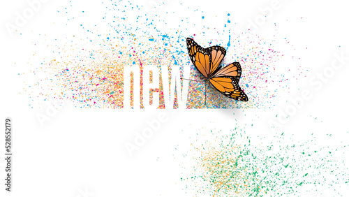 New word with symbolic butterfly graphic splatter background photo