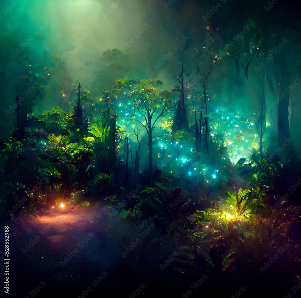 dark green fairy tale forest with ethereal lights digital art