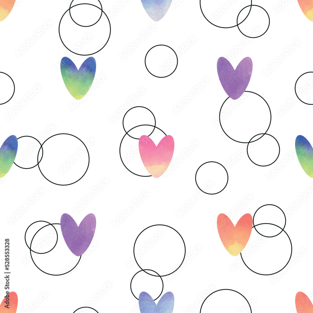 Watercolor colorful hearts and circles with black outline on white background. Seamless pattern. Vector illustration.