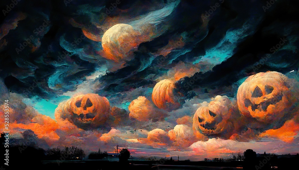 Spooky halloween pumpkin sky concept art illustration Stock 