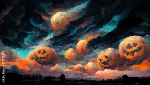 Fotografie, Tablou Spooky halloween pumpkin sky concept art illustration