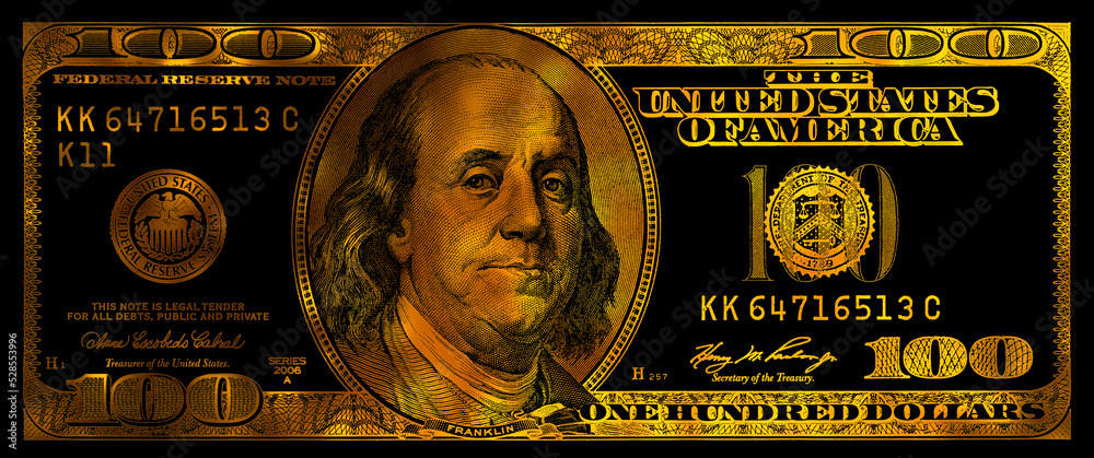 golden textured 100 US dollar banknote with black background - obrazy, fototapety, plakaty 