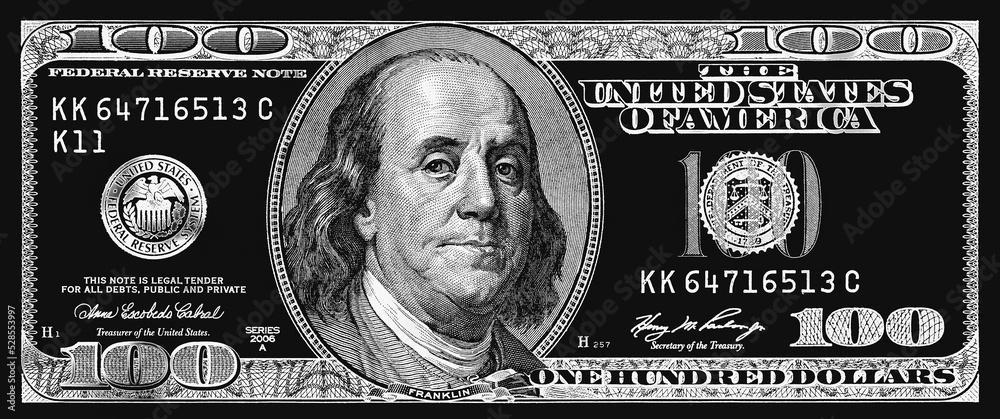 silver textured 100 US dollar banknote with black background - obrazy, fototapety, plakaty 
