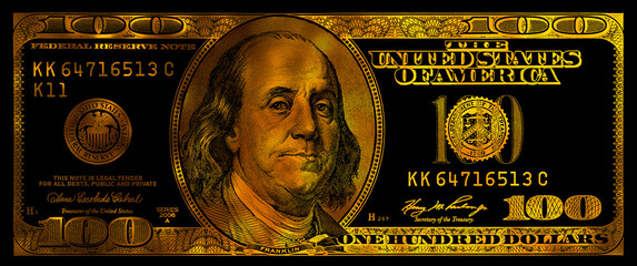 Glasbilder Sammlungen golden textured 100 US dollar banknote with black background  © Ruslan