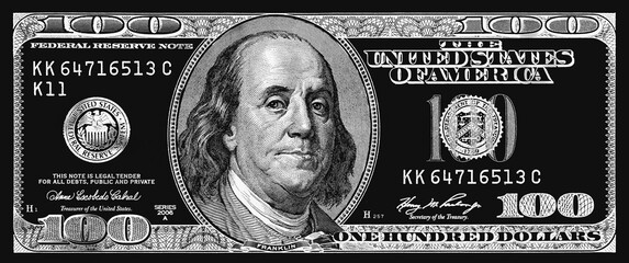 Glasbilder Sammlungen silver textured 100 US dollar banknote with black background  © Ruslan