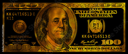 golden textured 100 US dollar banknote with black background photo