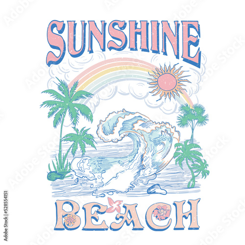 sunshine beach, summer beach sunshine vector print design artwork, take me to the sunshine, Beach Paradise Print T-shirt Graphics Design, typography slogan on palm trees background for summer fashion  photo