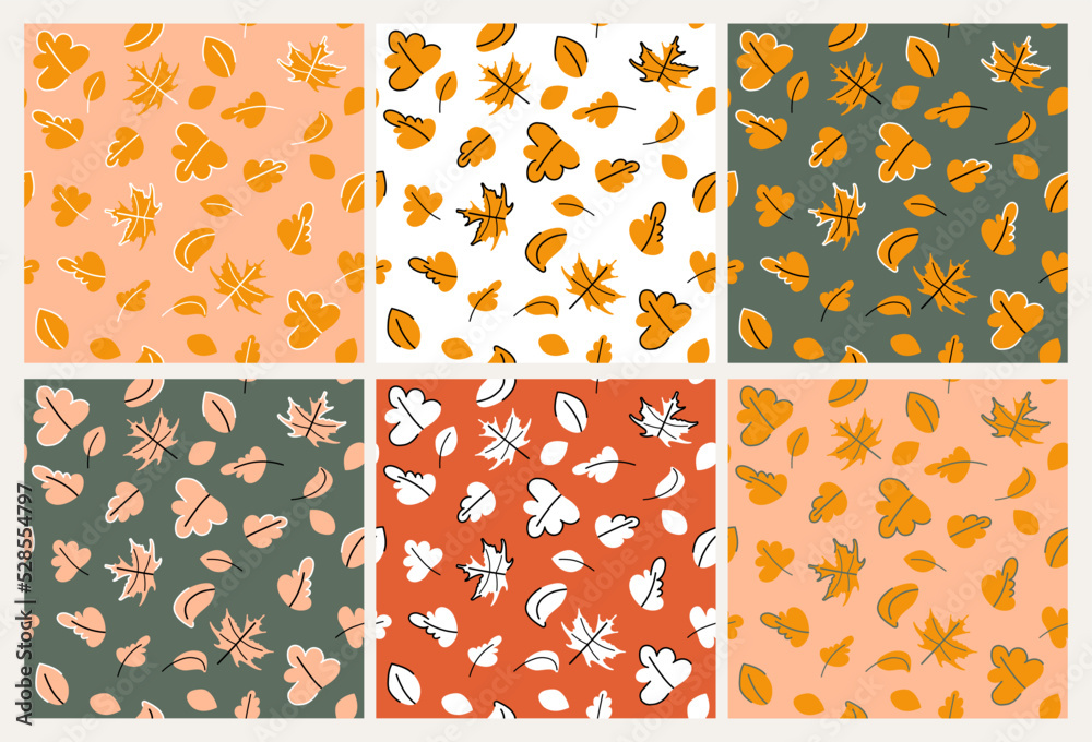 Autumn leaves seamless pattern set vector illustration. Falling leaves in different colors with black and white outline collection. Doodle flat simple design