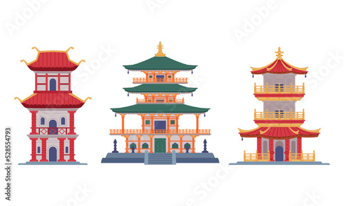 Pagoda as Chinese Tiered Tower with Multiple Eaves and Traditional Building Vector Set